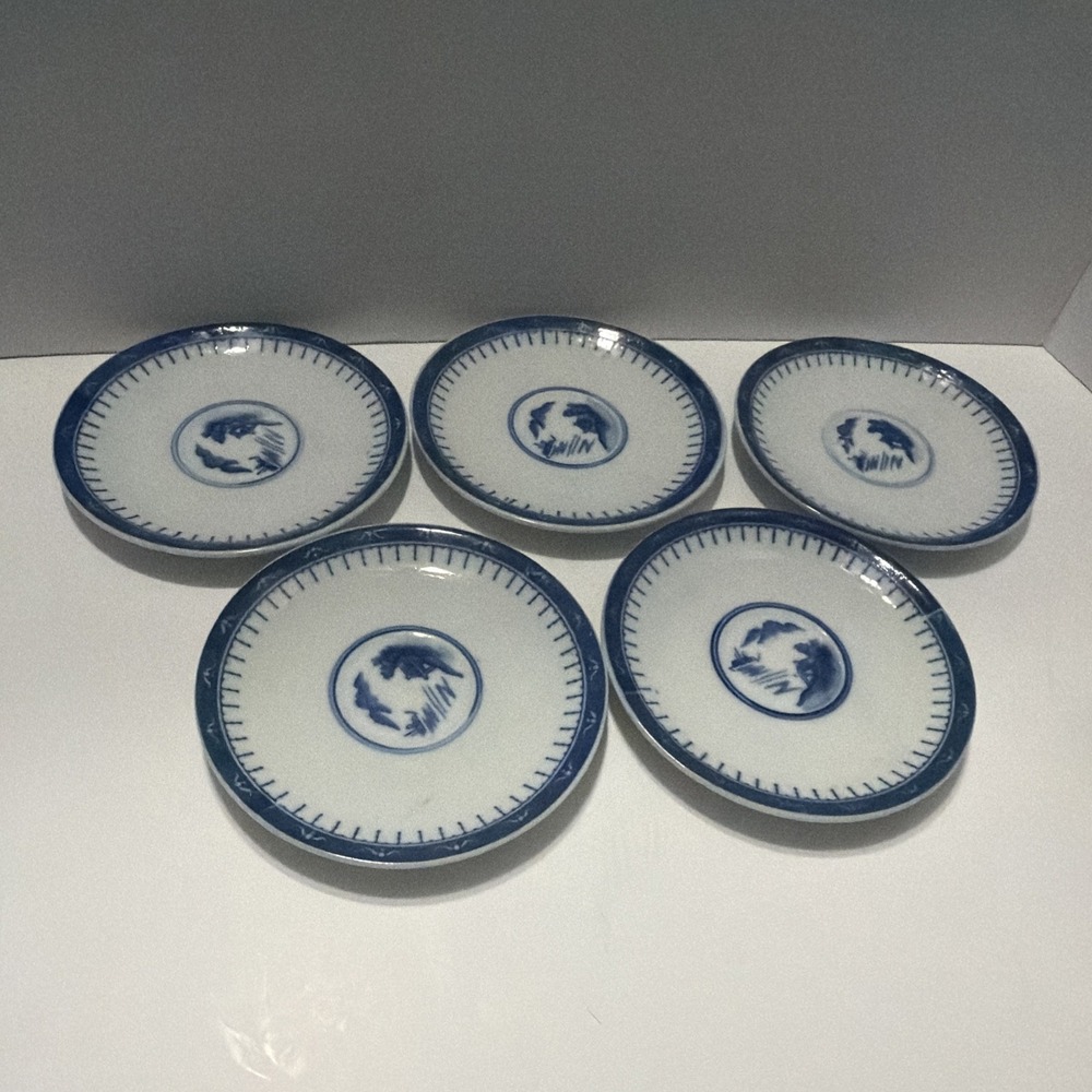 Vintage Blue White Porcelain Tea Set Landscape Pagoda 4 Cups 5 Saucers Creamer
